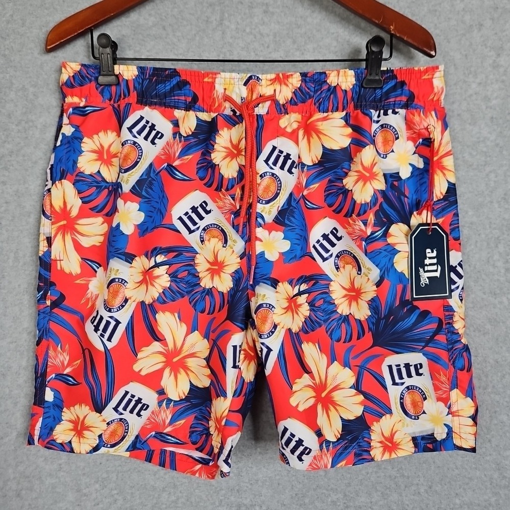 Miller Lite Tropical Floral Swim Trunk Shorts Mens Size‎ Med New Hawaiian Beach